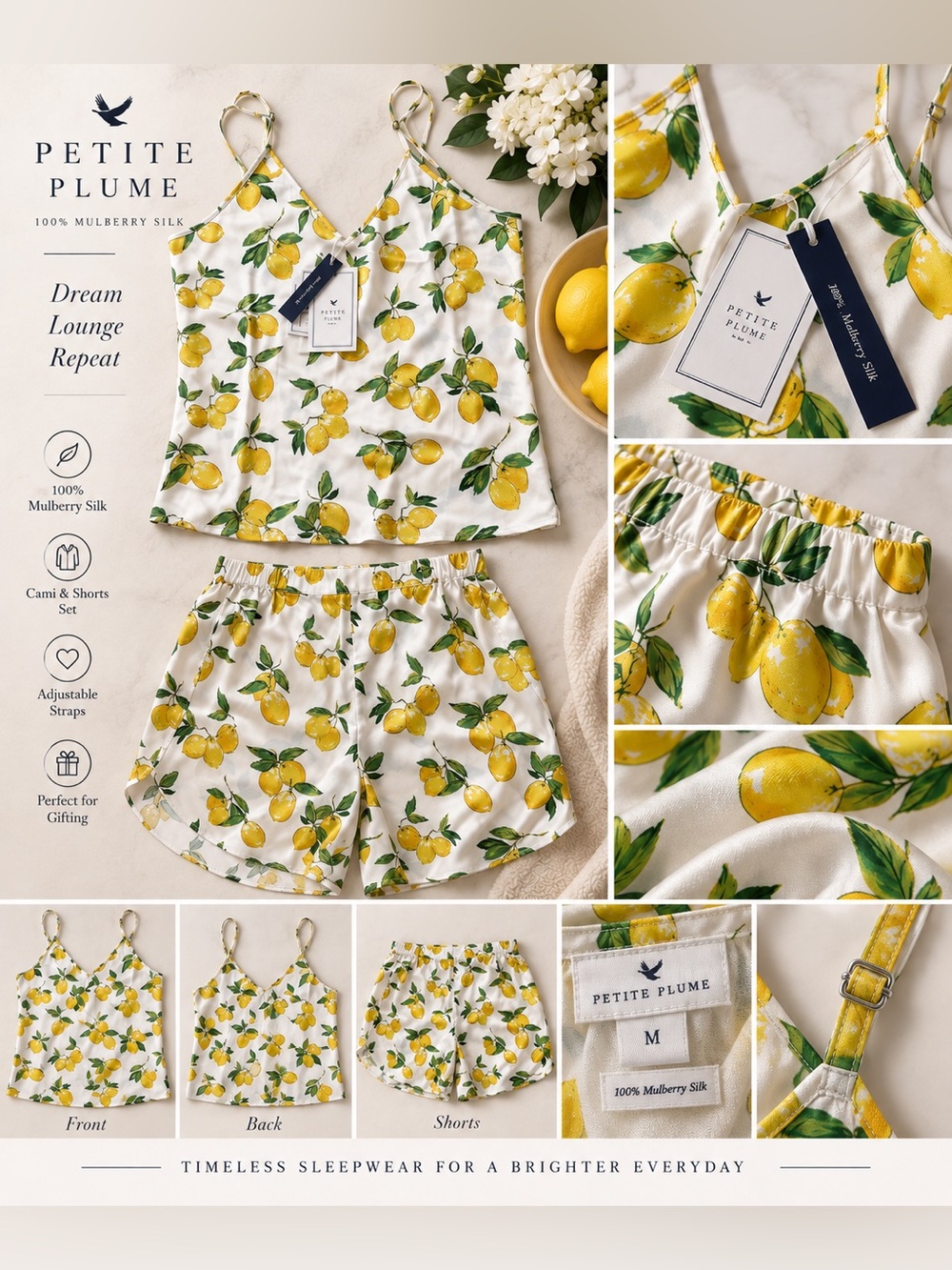 NWT Petite Plume Amalfi Lemons 100% Mulberry Silk Pajama Set M